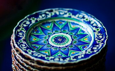 Decorative ceramic plates with ornamental pattern.