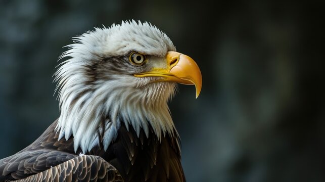  a close - up of a bald eagle's head with a blurry background of trees in the background.