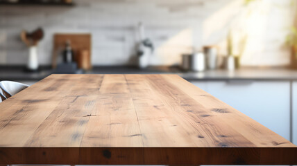 Empty wooden table with blurry home background, kitchen, cosy home display, backdrop, product display template, business and product presentation, rustic wood table