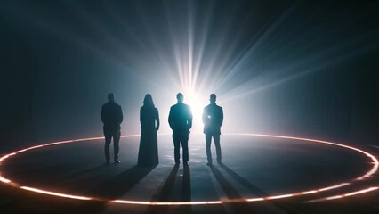 Silhouettes of selected standing rich individuals team within a glowing red circle, with a bright halo in the background. Powerful families directing the world and wielding influence in the shadows