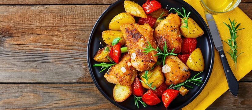 Fried cod with baked potatoes and vegetables served on a black plate on a wooden table.