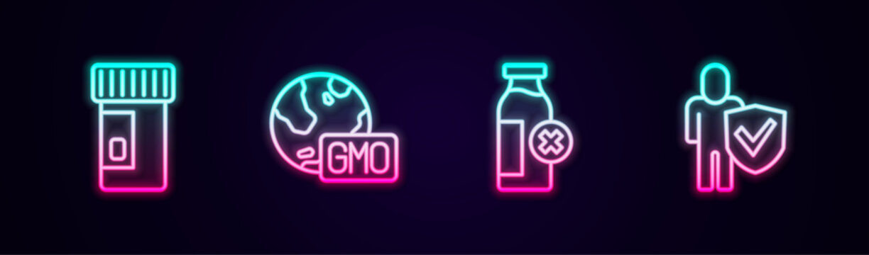 Set line Vitamins, GMO, Lactose intolerance and Healthy lifestyle. Glowing neon icon. Vector
