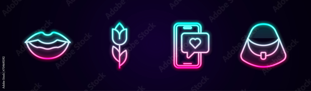 Canvas Prints Set line Smiling lips, Flower tulip, Mobile with heart and Handbag. Glowing neon icon. Vector