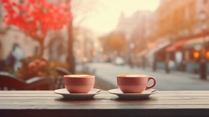 Two cups of coffee on a wooden table in a cafe with blurred background