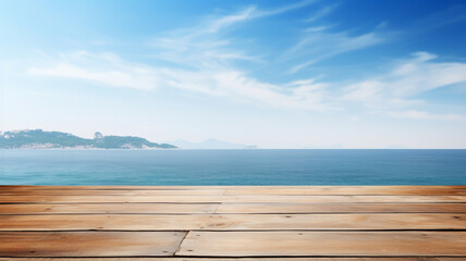Fototapeta premium Empty wooden table to display products, front of blurred beach background, beautiful design packshot showcase