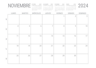 Noviembre Calendario 2024 Mensual para imprimir con numero de semanas A4 - obrazy, fototapety, plakaty