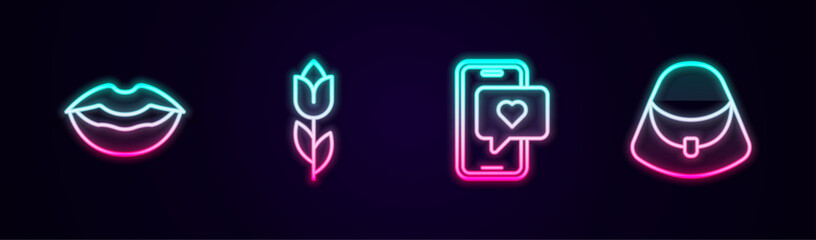 Set line Smiling lips, Flower tulip, Mobile with heart and Handbag. Glowing neon icon. Vector