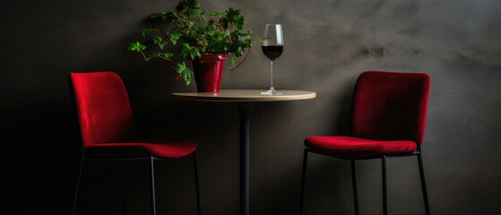 Two red chairs and a glass of red wine on a table in a cafe.