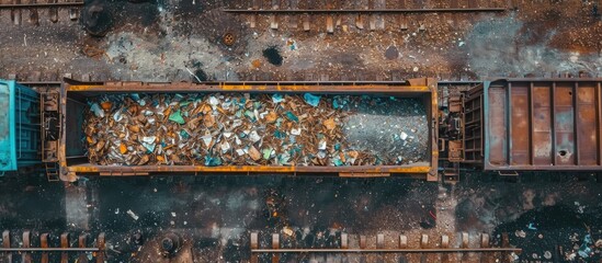 Metal recycling shown from aerial view of scrap-filled railway wagon with drone.