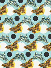 Seamless pattern with butterfly and circles on the blue background