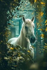 Portrait of a beautiful white horse standing in the magically  looking forest, surrounded with leaves and branches . 