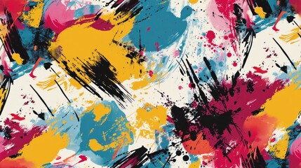  a multicolored pattern of paint splattered on a white background with black, yellow, pink, and blue colors.