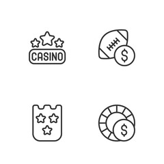 Set line Casino chips, Lottery ticket, signboard and American football betting money icon. Vector