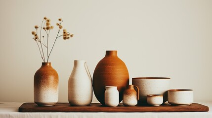 Fototapeta na wymiar A minimalist display of earth-toned pottery complemented by dry flowers, presenting a tranquil home decor scene. 