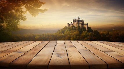 Empty wooden table in front of a castle, studio ready for packshot, medieval event, medieval castle, historical building