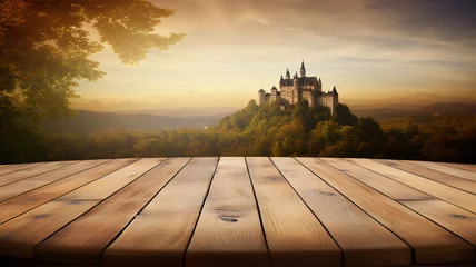 Tuinposter Oud gebouw Empty wooden table in front of a castle, studio ready for packshot, medieval event, medieval castle, historical building