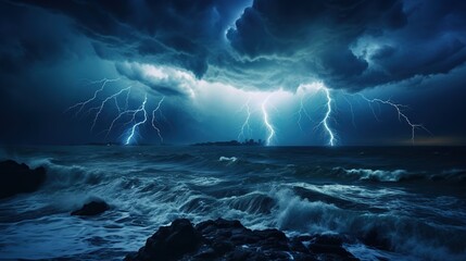 Majestic lightning bolts illuminate dark storm clouds above a churning ocean at night, showcasing nature's fury.
