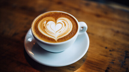 Latte art coffee in a cup on wooden table.