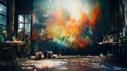 Large, vivid abstract canvas dominating an artist's studio splattered with a spectrum of paint colors.
