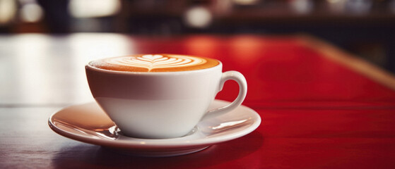 Coffee cup on wooden table in coffee shop blur background.
