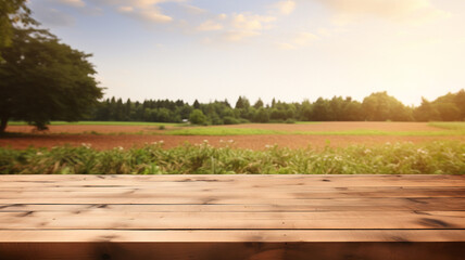 Empty wooden table to display products, front of blurred grass field background, beautiful nature packshot