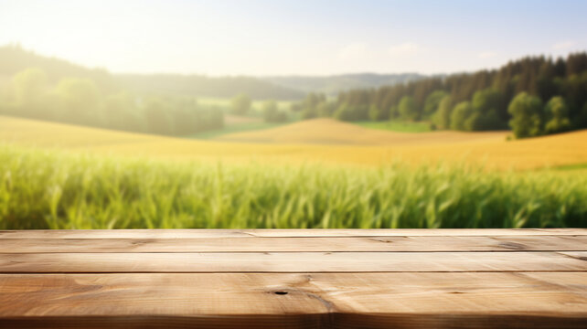 Empty wooden table to display products, front of blurred grass field background, beautiful nature packshot