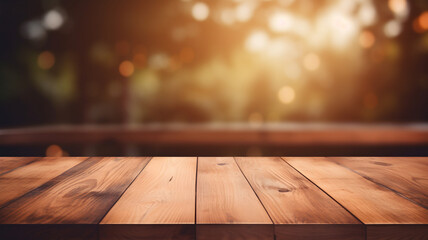 Empty wooden table with a blurry bokeh background, studio table for product design, background, table support