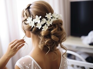 Obraz na płótnie Canvas Hairdresser making an elegant hairstyle styling bride with white flowers in her hair