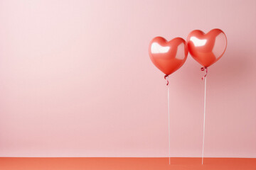 Two red heart shaped balloons on a pink background.