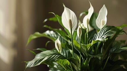  a close up of a potted plant with white flowers and green leaves in a room with sunlight coming through the window.