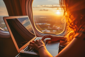 Close Up of Woman Using Laptop on the Plane. Lifestyle Concept