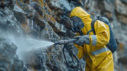 A man in a yellow suit spraying water on a rock, the pressure washer in the building industry. - obrazy, fototapety, plakaty