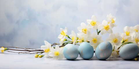 Easter eggs with spring flowers. Festive background, greeting card idea