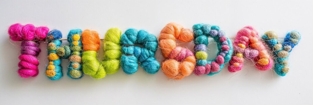 The word Thursday in colorful felt letters on white background