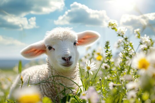 Cute baby lamb in the blooming flower field. Greeting card, Easter or springtime concepts