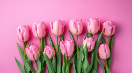 Pink Tulips Bouquet on Pink Background for Happy Valentines Day Floral Decoration