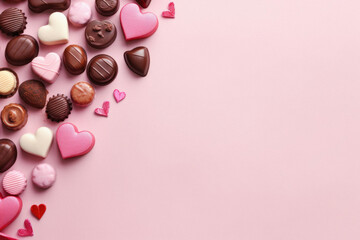 Valentine's day background with chocolate candies and hearts on pink.