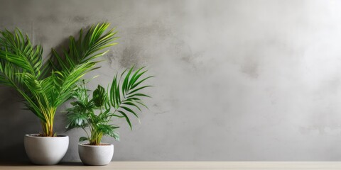 Minimalistic interior decor with tropical plants on a plain cement backdrop, conveying the idea of a pollution-free home.