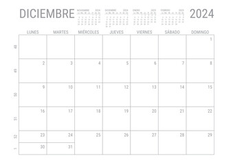 Diciembre Calendario 2024 Mensual para imprimir con numero de semanas A4