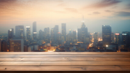 Empty table in front of a skyscraper background, big city with tall buildings, backdrop studio for product design, technology and modern urban design