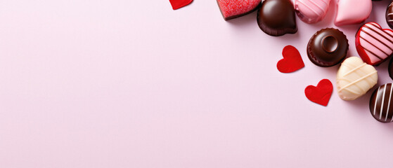 Chocolate candies with red hearts on pink background. Top view, copy space.