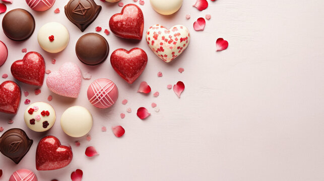 Valentine's Day background with chocolate candies, hearts and confetti. Top view with copy space.