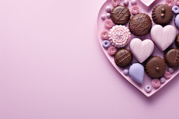 Obraz na płótnie Canvas Heart shaped box with assorted chocolates on pink background, top view.
