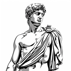 Stoic statue of a person. Ancient greek or roman stoicism. Black and white line drawing.
