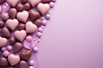 Valentine's day background with chocolate candies on pink background.