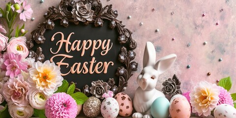 Obraz na płótnie Canvas Easter Chocolate Rabbit. Happy Easter holiday background. Easter bunny, Easter eggs, beautiful spring flowers