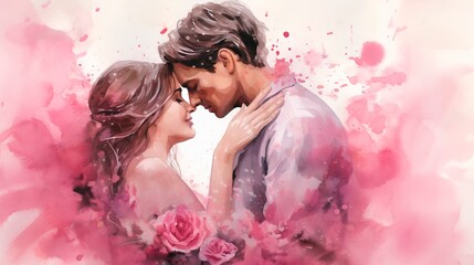Watercolor illustration of a couple in a tender embrace surrounded by falling pink rose petals. Romantic moment. Ideal as a postcard for Valentines Day, wedding, or love story themes - Powered by Adobe