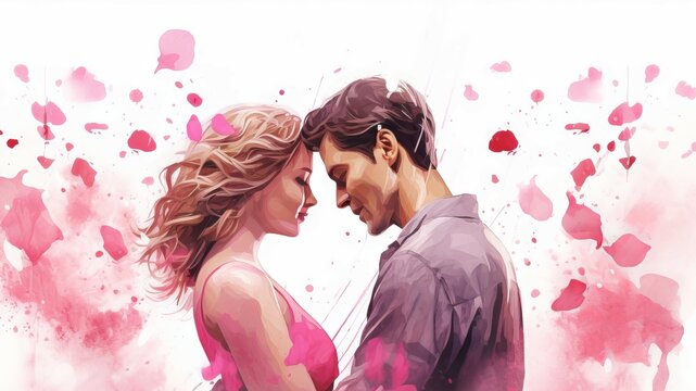 Watercolor illustration of a couple in a tender embrace surrounded by falling pink rose petals. Romantic moment. Ideal as a postcard for Valentines Day, wedding or love story themes