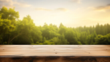 Empty wood table in front of blurry nature background, for mock-up design and montage, wooden table ready for mock-up, organic farm product, product display