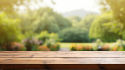 Empty wood table in front of blurry nature background, for mock-up design and montage, wooden table ready for mock-up, organic farm product, product display